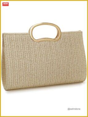 Top Handle Straw Clutch Purse, Woven Beach Travel Raffia Handbag Shoulder Bag